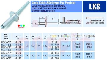 Alüminyum Pop Perçin Geniş Kafa 16 mm şapka 4.8x15 mm 250 ADET