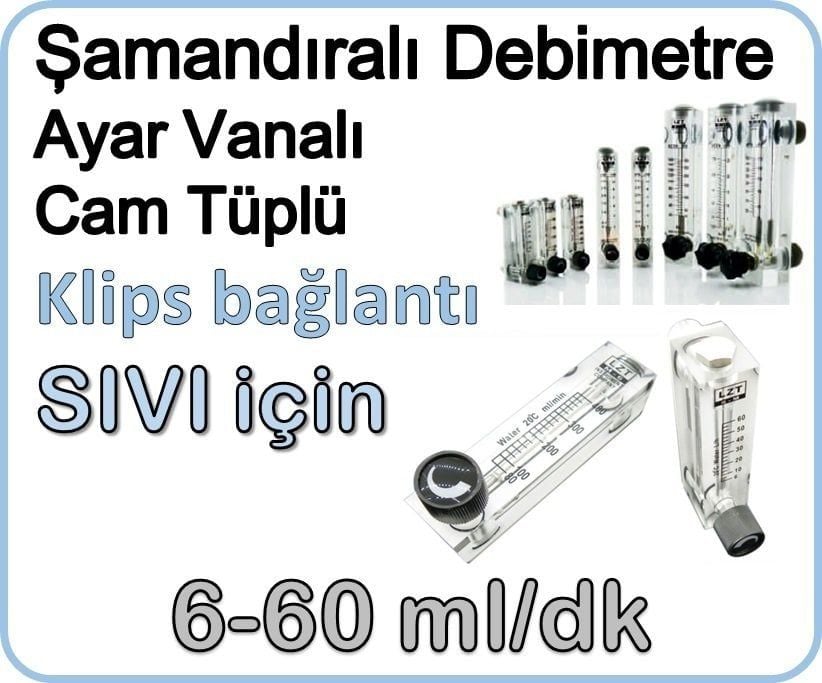 Cam Tüplü Ayar Vanalı Şamandıralı Sıvı Rotametre 6-60 ml/dk