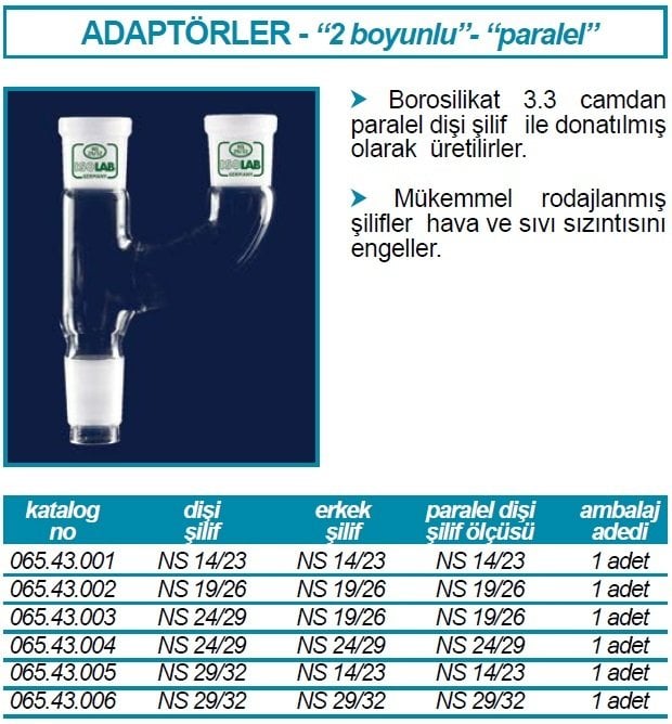 İSOLAB 065.43.006 adaptör - çoklu - 2 boyunlu - paralel - dişi şilif : NS 29/32 - erkek şilif : NS 29/32 - paralel dişi şilif : NS 29/32 (1 adet)