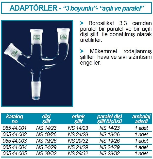 İSOLAB 065.44.005 adaptör - 3 boyunlu - açılı ve paralel - dişi şilif : NS 29/32 - erkek şilif : NS 14/23 - açılı ve paralel dişi şilif : NS 14/23 (1 adet)