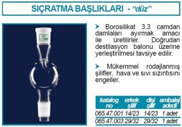 İSOLAB 065.47.001 adaptör - sıçratma tutucu - düz - dişi şilif : NS 14/23 - erkek şilif : NS 14/23 (1 adet)