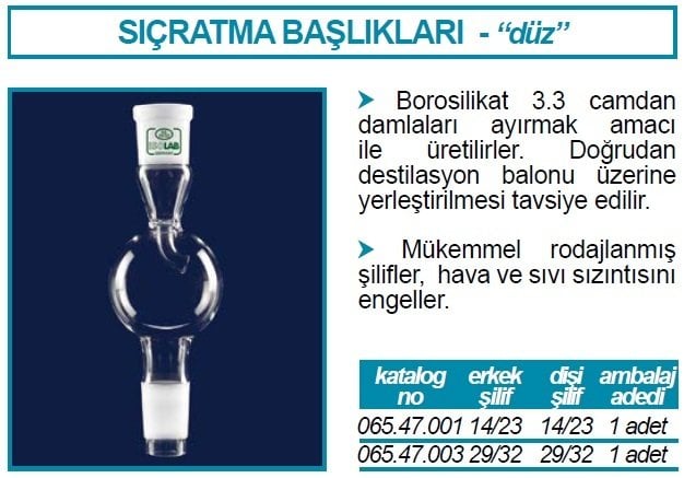 İSOLAB 065.47.003 adaptör - sıçratma tutucu - düz - dişi şilif : NS 29/32 - erkek şilif : NS 29/32 (1 adet)