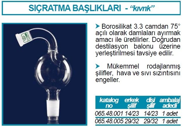İSOLAB 065.48.005 adaptör - sıçratma tutucu - eğimli - dişi şilif : NS 29/32 - erkek şilif : NS 29/32 (1 adet)