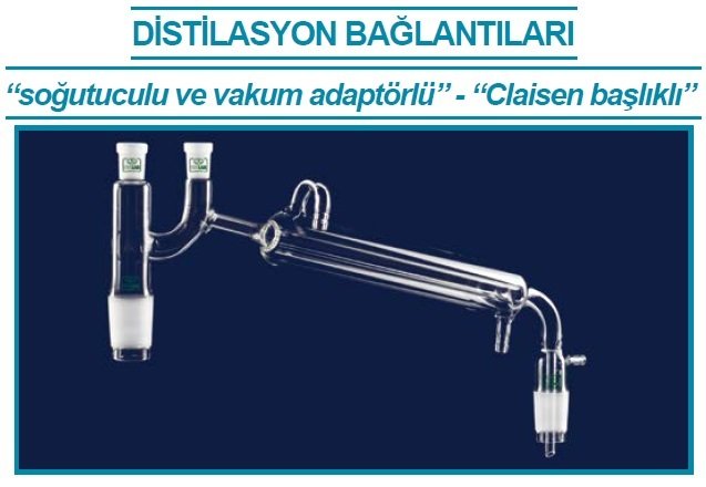 İSOLAB 065.58.001 distilasyon bağlantıları - kondenserli & Claisen başlıklı - vakum adaptörlü - erkek şilif(ler) : NS 14/23 - kondenser uzunluğu 160 mm (1 adet)