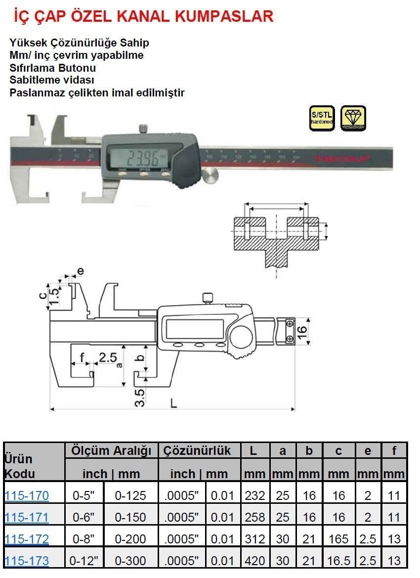 Dijital İç Çap Özel Kanal Kumpası 150mm