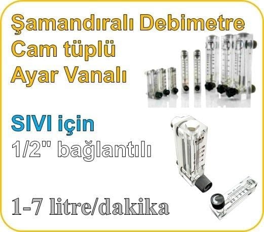 Cam Tüplü Ayar Vanalı Şamandıralı Sıvı Rotametre 1-7 lt/dk (1/2'' bağlantılı)
