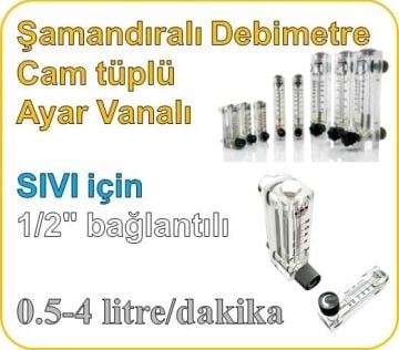 Cam Tüplü Ayar Vanalı Şamandıralı Sıvı Rotametre 0.5-4 lt/dk (1/2'' bağlantılı)