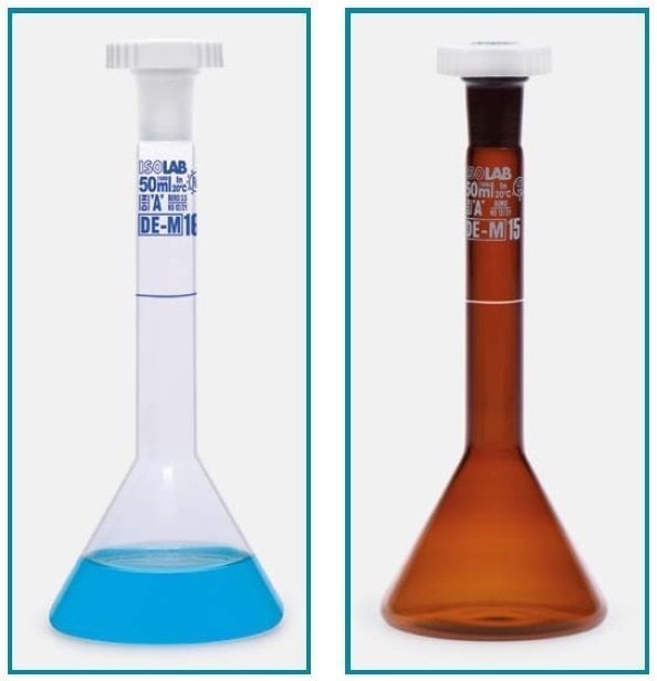 İSOLAB 013.15.050 balon joje - trapezoidal - amber -A kalite-beyaz skala- 50 ml - NS 12/21 (2 adet)