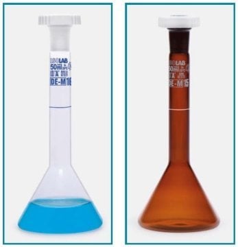 İSOLAB 013.15.050 balon joje - trapezoidal - amber -A kalite-beyaz skala- 50 ml - NS 12/21 (2 adet)