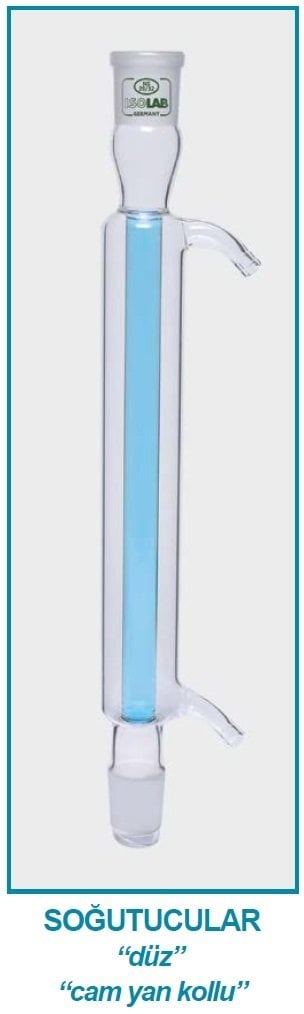 İSOLAB 033.11.252 soğutucu - düz - 250 mm - dişi şilif : NS 24/29 - erkek şilif : NS 24/29 - cam yan kol (1 adet)