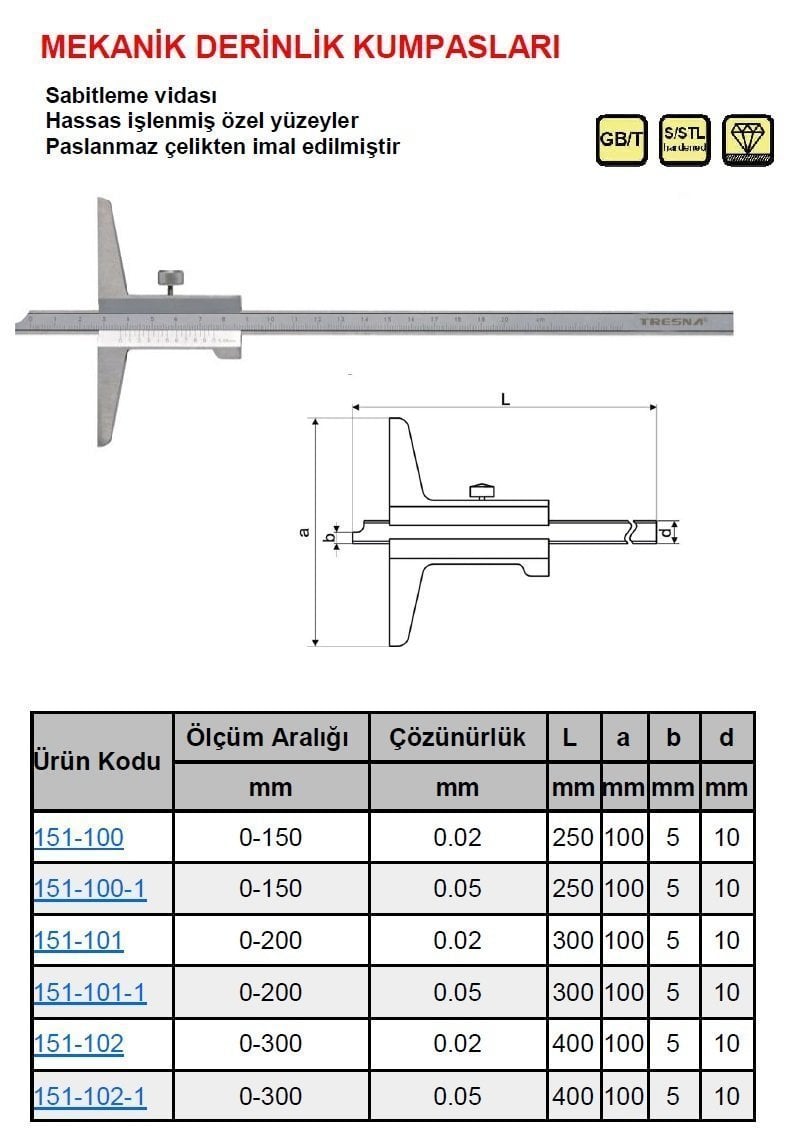 Mekanik Derinlik Kumpası 150/0.05mm