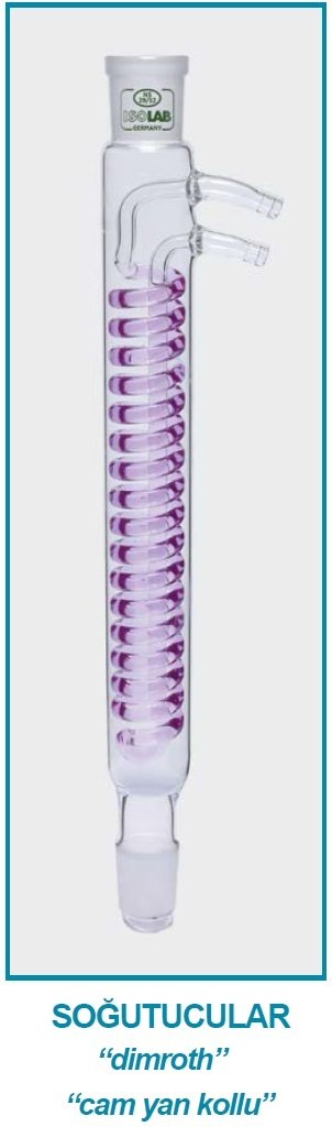 İSOLAB 033.17.400 soğutucu - dimroth - 400 mm - dişi şilif : NS 14/23 - erkek şilif : NS 14/23 - cam yan kol (1 adet)