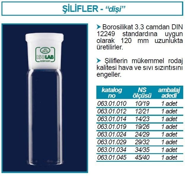 İSOLAB 063.01.010 dişi şilif - 120 mm - NS 10/19 (1 adet)