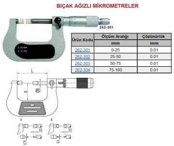 Mekanik Bıçak Ağızlı Mikrometre 0-25mm