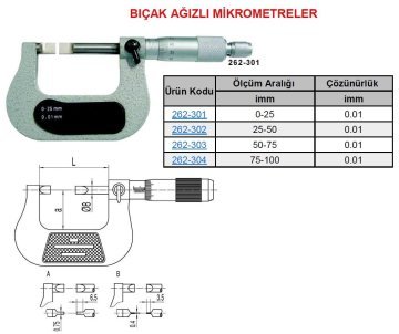 Mekanik Bıçak Ağızlı Mikrometre 25-50mm