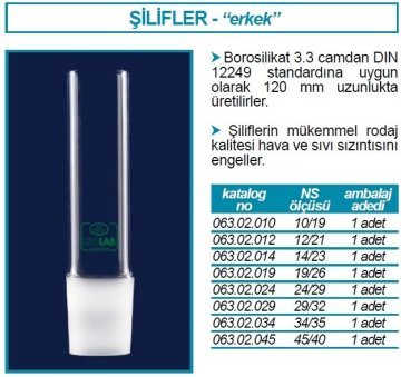 İSOLAB 063.02.045 erkek şilif - 120 mm - NS 45/40 (1 adet)