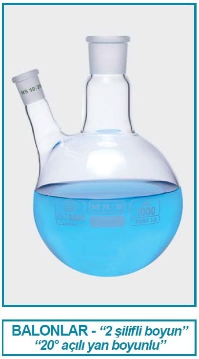 İSOLAB 030.28.500 balon - dibi yuvarlak - 2 boyunlu - yan dişi şilif - merkez boyun : NS 29/32 - yan dişi şilif : NS 19/26 - 500 ml (1 adet)