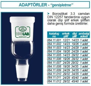 İSOLAB 064.11.008 adaptör - genişletme amaçlı - dişi şilif : NS34/35 -erkek şilif: NS19/26 (1 adet)