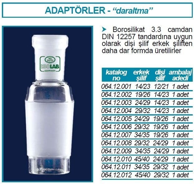 İSOLAB 064.12.003 adaptör - daraltma amaçlı - dişi şilif : NS14/23 - erkek şilif : NS24/29 (1 adet)