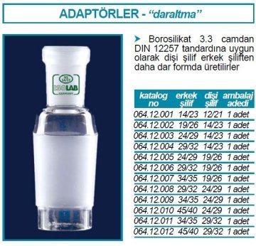 İSOLAB 064.12.004 adaptör - daraltma amaçlı - dişi şilif : NS14/23 - erkek şilif : NS29/32 (1 adet)