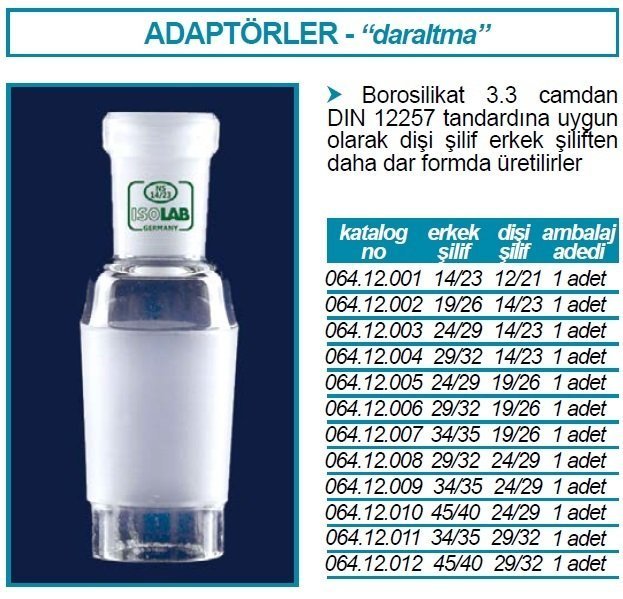 İSOLAB 064.12.010 adaptör - daraltma amaçlı - dişi şilif : NS24/29 - erkek şilif : NS45/40 (1 adet)
