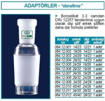 İSOLAB 064.12.010 adaptör - daraltma amaçlı - dişi şilif : NS24/29 - erkek şilif : NS45/40 (1 adet)