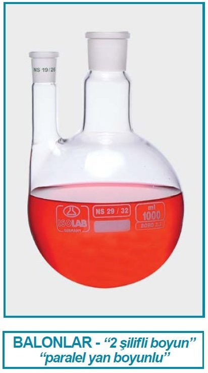 İSOLAB 030.33.902 balon - dibi yuvarlak - 2 boyunlu - paralel yan boyun - merkez boyun : NS 29/32 - yan dişi şilif : NS 14/23 - 2000 ml (1 adet)