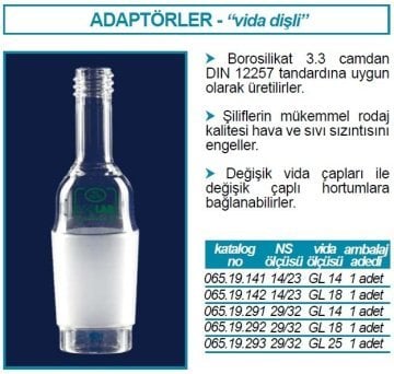İSOLAB 065.19.293 adaptör - vida dişli - musluksuz -düz-cam -erkek şilif: NS 29/32 - GL 25 (1 adet)