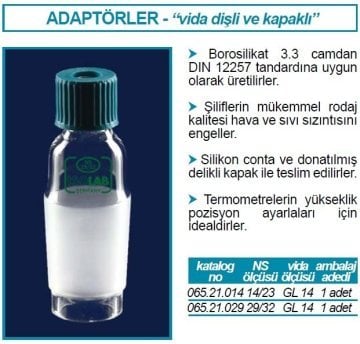 İSOLAB 065.21.029 adaptör -vida kapaklı-termometre için-düz- çap 6-8mm - NS 29/32 - GL 14 (1 adet)