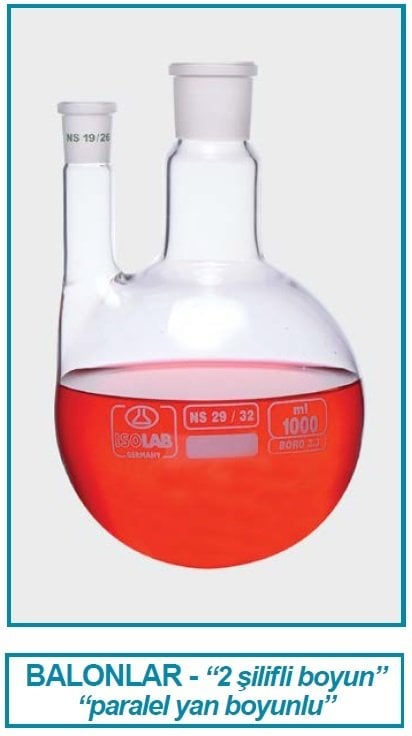 İSOLAB 030.34.500 balon - dibi yuvarlak - 2 boyunlu - paralel yan boyun - merkez boyun : NS 29/32 - yan dişi şilif : NS 19/26 - 500 ml (1 adet)