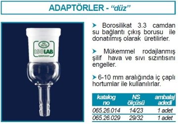 İSOLAB 065.26.014 adaptör - düz - musluksuz - çap 8 mm - dişi şilif : NS 14/23 (1 adet)