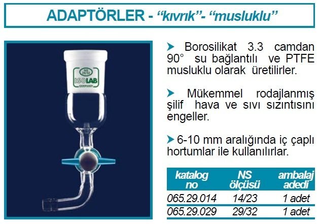 İSOLAB 065.29.014 adaptör - eğimli - musluklu - çap 8 mm - dişi şilif : NS 14/23 (1 adet)