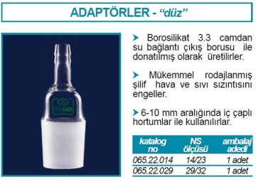 İSOLAB 065.22.014 adaptör - nozül - düz - musluksuz - çap 8 mm - erkek şilif: NS 14/23 (1 adet)