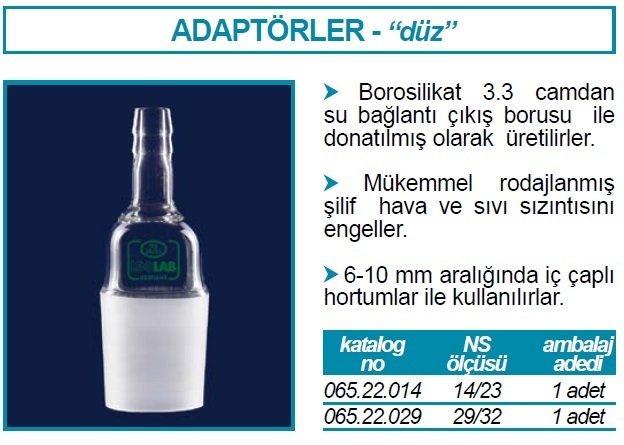 İSOLAB 065.22.029 adaptör - nozül - düz - musluksuz -çap 10 mm - erkek şilif : NS 29/32 (1 adet)