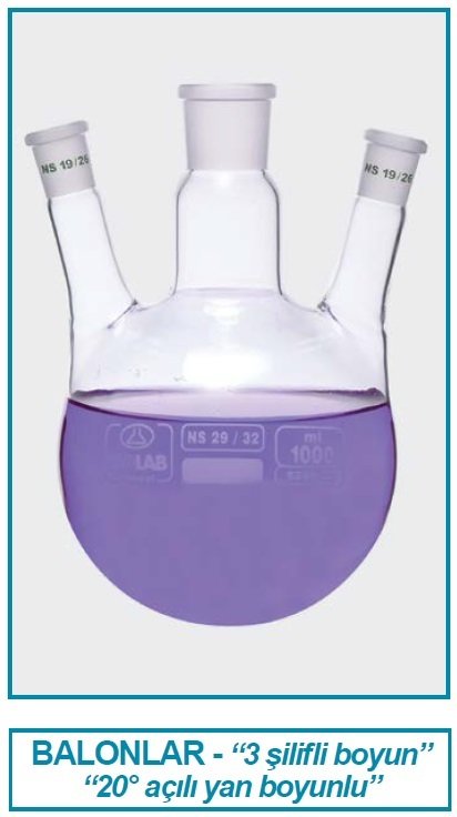 İSOLAB 030.37.500 balon - dibi yuvarlak - 3 boyunlu - yan dişi şilif - merkez boyun : NS 24/29 - yan boyun(lar) : NS 14/ 23 - 500 ml (1 adet)