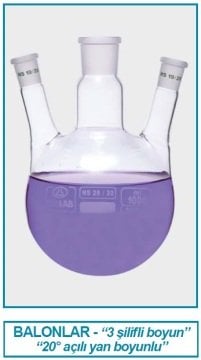 İSOLAB 030.37.901 balon - dibi yuvarlak - 3 boyunlu - yan dişi şilif - merkez boyun : NS 24/29 - yan boyun(lar) : NS 14/ 23 - 1000 ml (1 adet)