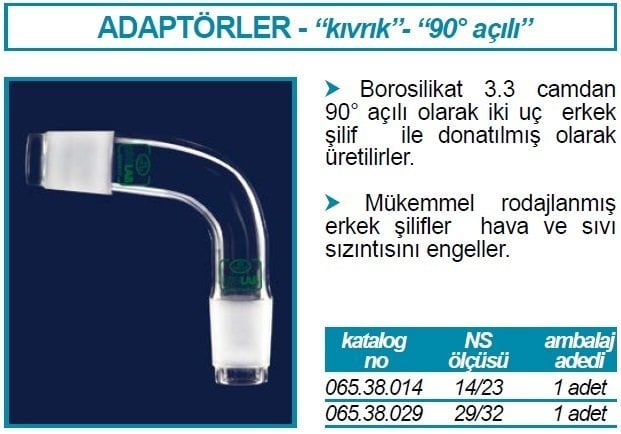 İSOLAB 065.38.029 adaptör - alım - sade - eğimli 90 derece açılı - erkek şilif : NS 29/32 (1 adet)