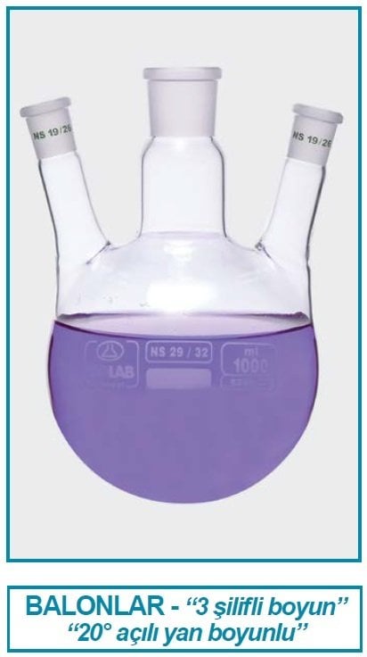 İSOLAB 030.40.901 balon - dibi yuvarlak - 3 boyunlu - yan dişi şilif - merkez boyun : NS 29/32 - yan boyun(lar) : NS 19/26 - 1000 ml (1 adet)