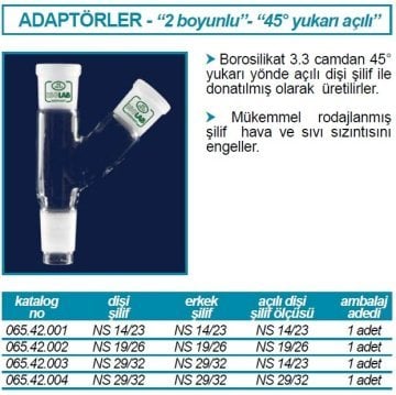 İSOLAB 065.42.002 adaptör - çoklu - 2 boyunlu - yukarı açılı - NS 19/26 - NS 19/26 (1 adet)