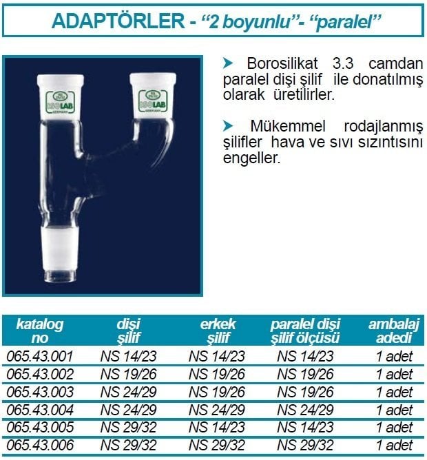 İSOLAB 065.43.003 adaptör - çoklu - 2 boyunlu dişi NS 24/29 -erkek NS 19/26- dişi NS 19/26 (1 adet)