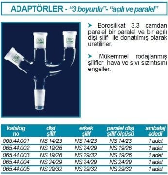 İSOLAB 065.44.004 adaptör - 3 boyunlu - açılı paralel - erkek NS 24/29 - dişi NS 24/29 (1 adet)