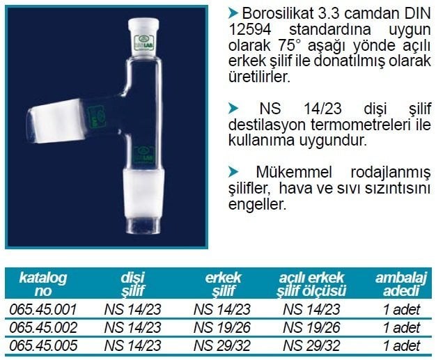 İSOLAB 065.45.005 adaptör -distilasyon- dişi şilif NS14/23 - erkek NS29/32 - açılı:NS29/32 (1 adet)