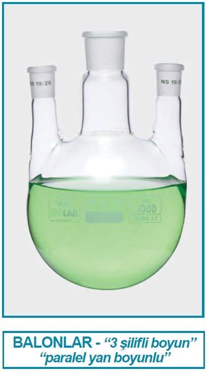 İSOLAB 030.47.902 balon - dibi yuvarlak - 3 boyunlu - paralel yan boyun - merkez boyun : NS 29/32 - yan boyun(lar) : NS 29/32 - 2000 ml (1 adet)
