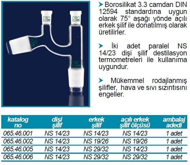 İSOLAB 065.46.006 adaptör -distilasyon-Claisen-dişi:NS14/23-erkek:NS29/32-açılı:NS29/32 (1 adet)